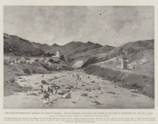 Die Strafoperationen gegen die Mahsud Waziris, die 2. Gurkhas greifen den Turm von Waladin in Waziristan am 2. Januar 1902 an
